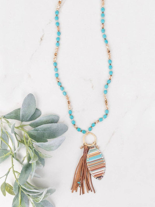 Westward Bound Beaded Necklace with Serape Pendant and Leather Tassel: Turquoise / One Size