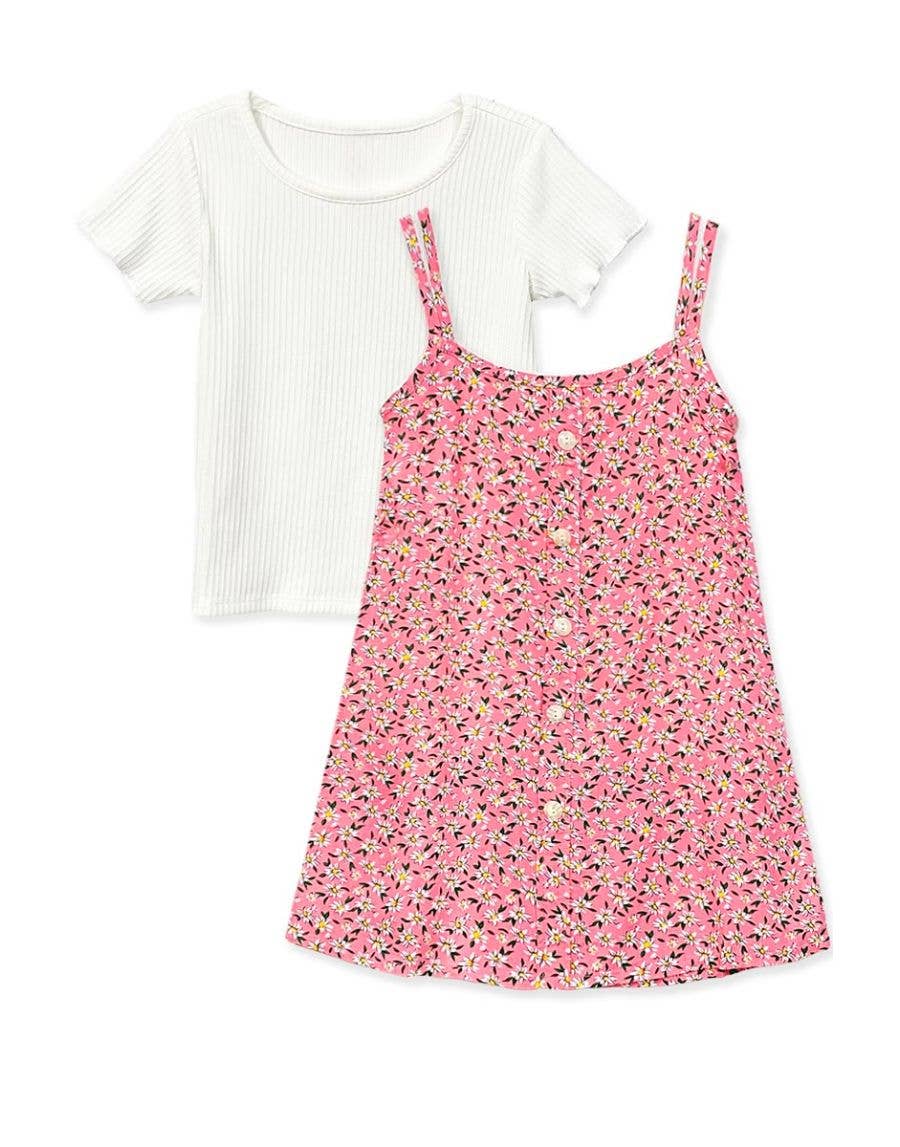 GKSS-3305B-Q304 Girl's 2 pcs Floral Dress & Ribbed Tee Set: Pink Mix Floral / S6/7