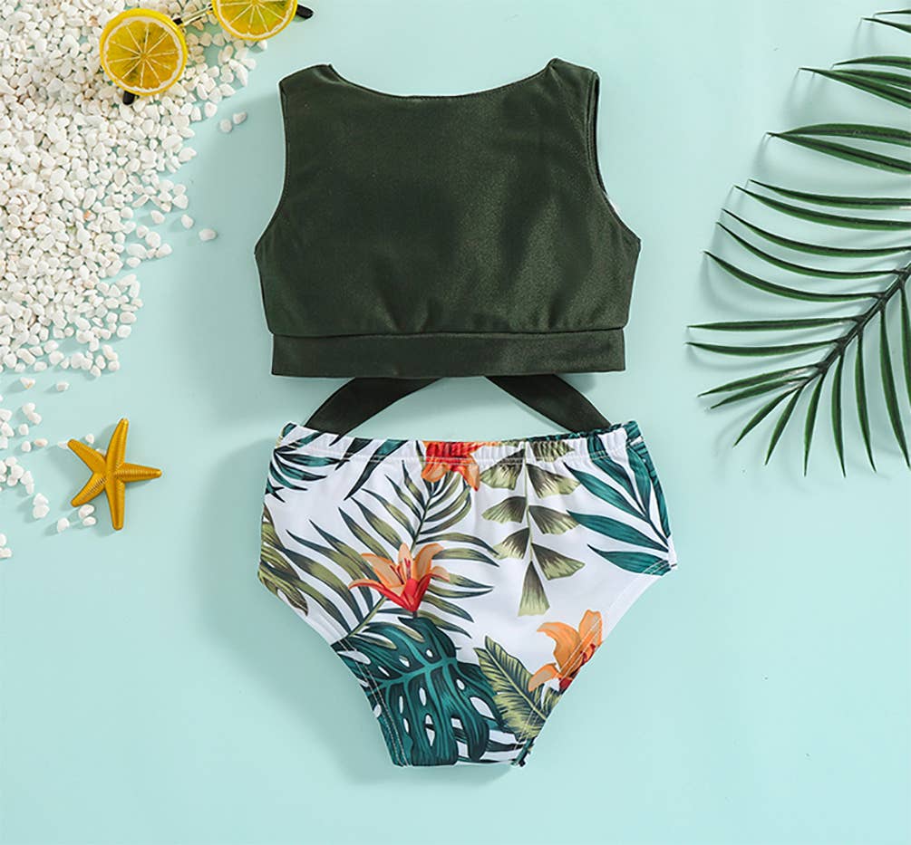 Green Tropical Toddler 2-Piece Little Girl Swimsuit Set: 1-2T
