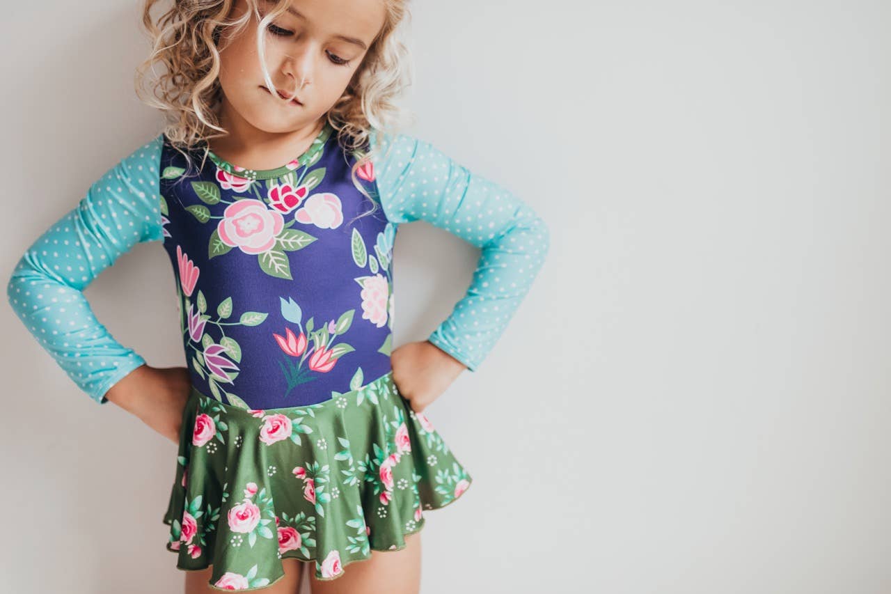 Shiny Flare Skirt Blue Green Floral Leotard