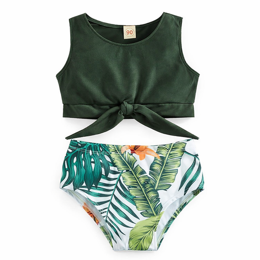 Green Tropical Toddler 2-Piece Little Girl Swimsuit Set: 2-3T