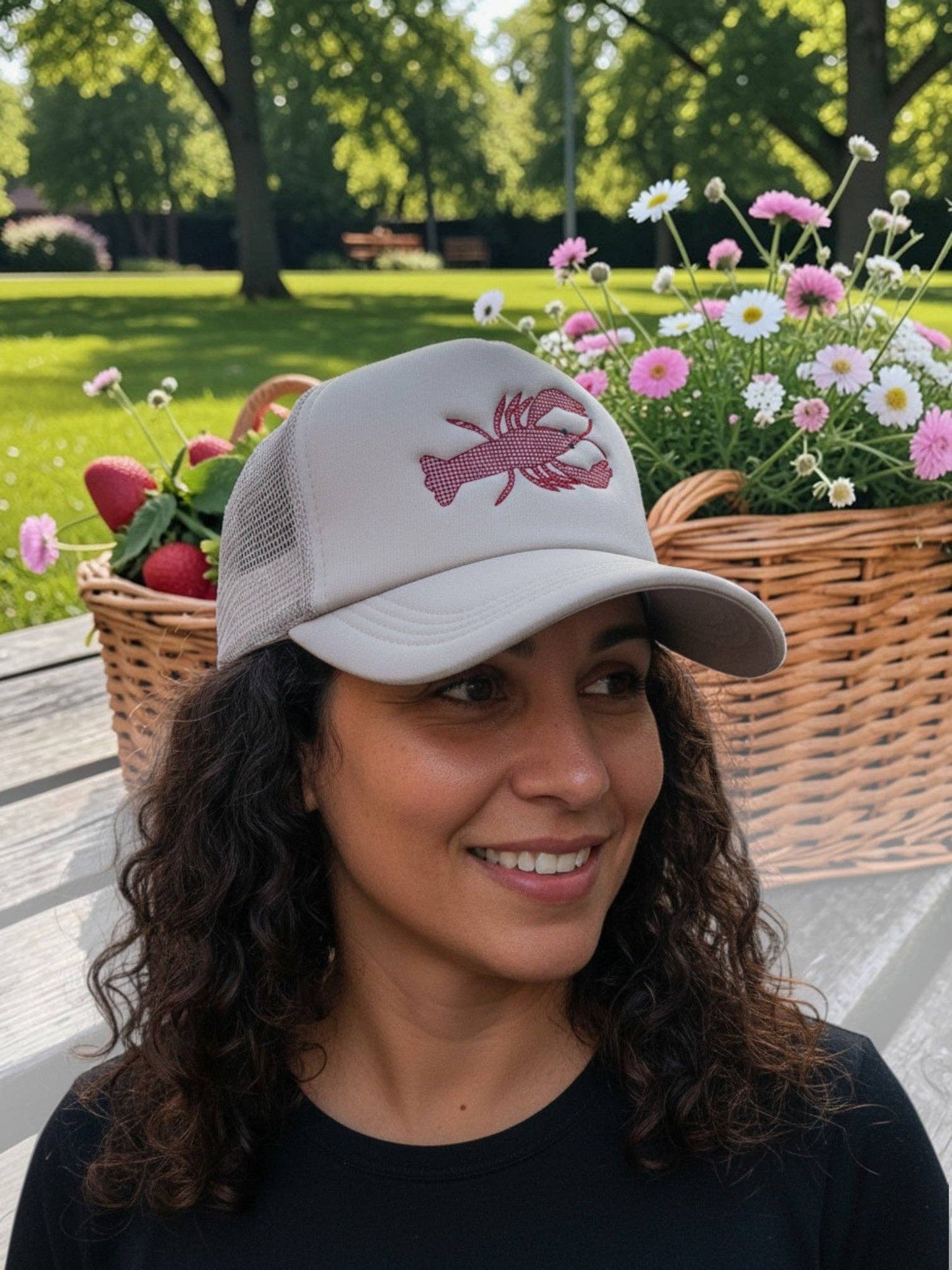 Crawfish Embroidered Trucker Hat, Crawdaddy hat, crawfish boil: Tan