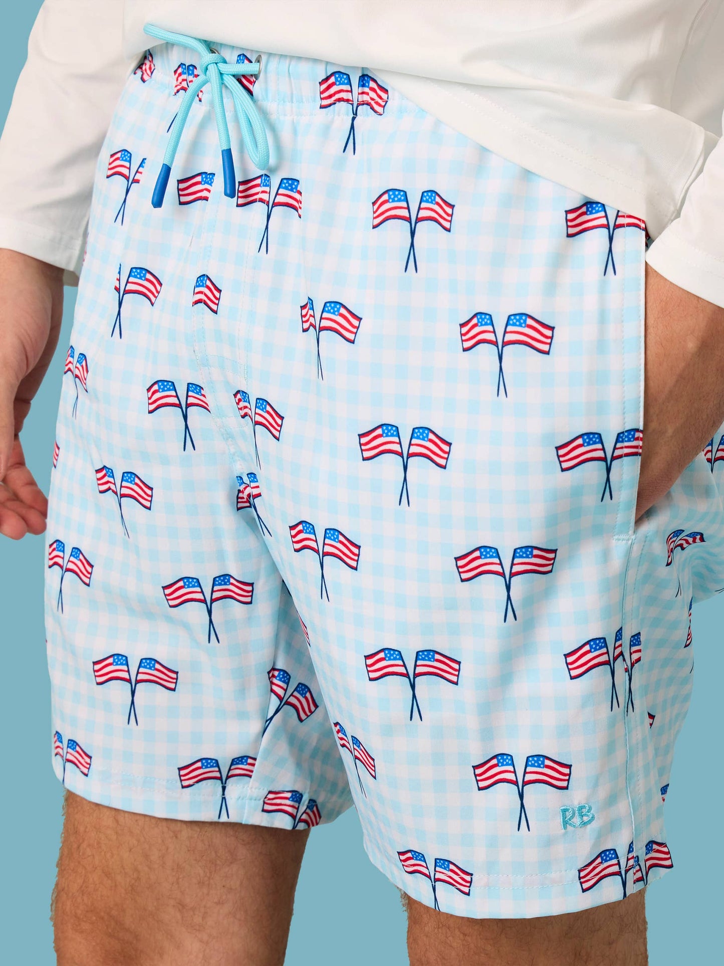 Men's Blue Patriotic Gingham Performance Hybrid Swim Trunks: Blue / Men's XL