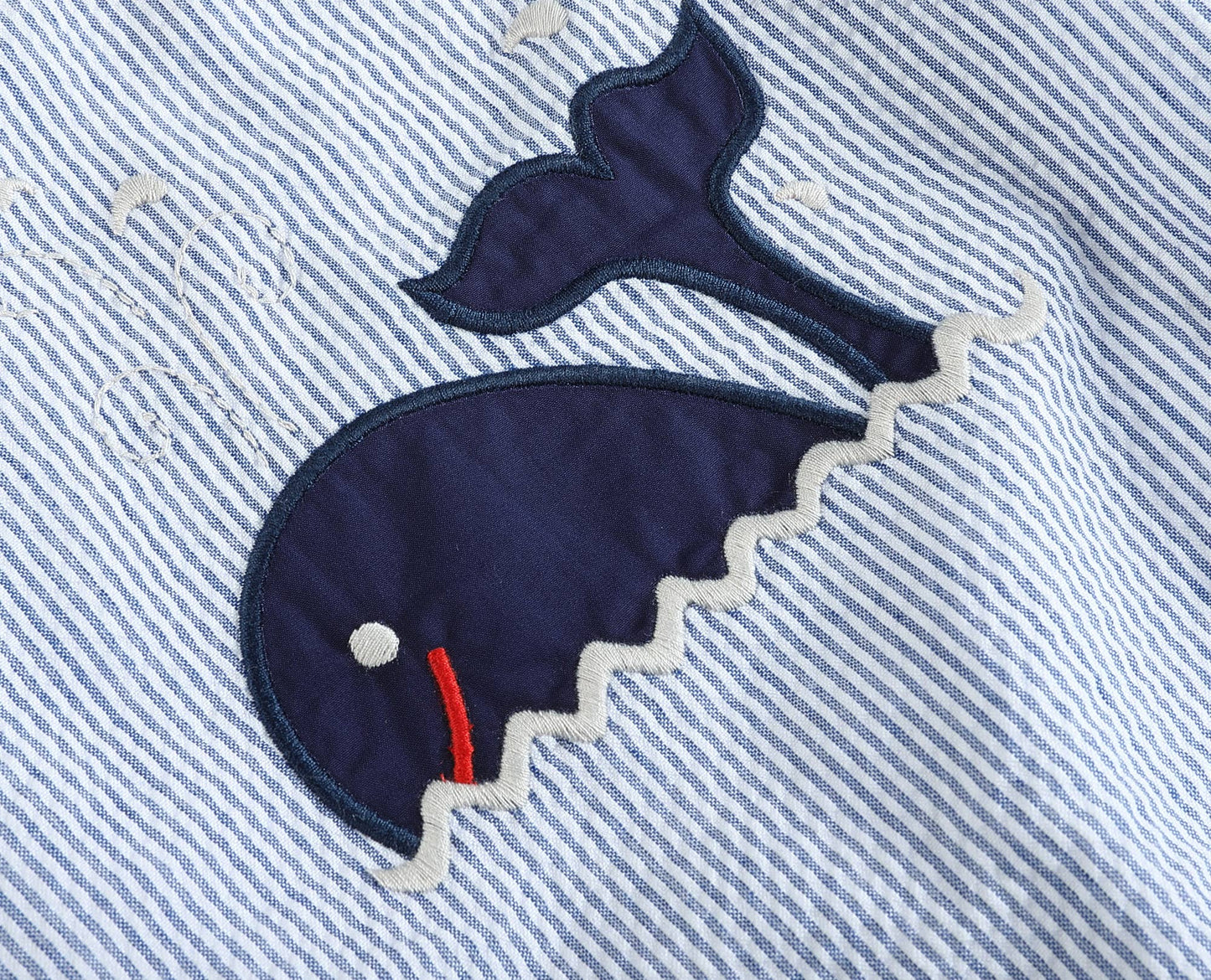 Blue Seersucker Whale Applique Baby Bubble Romper