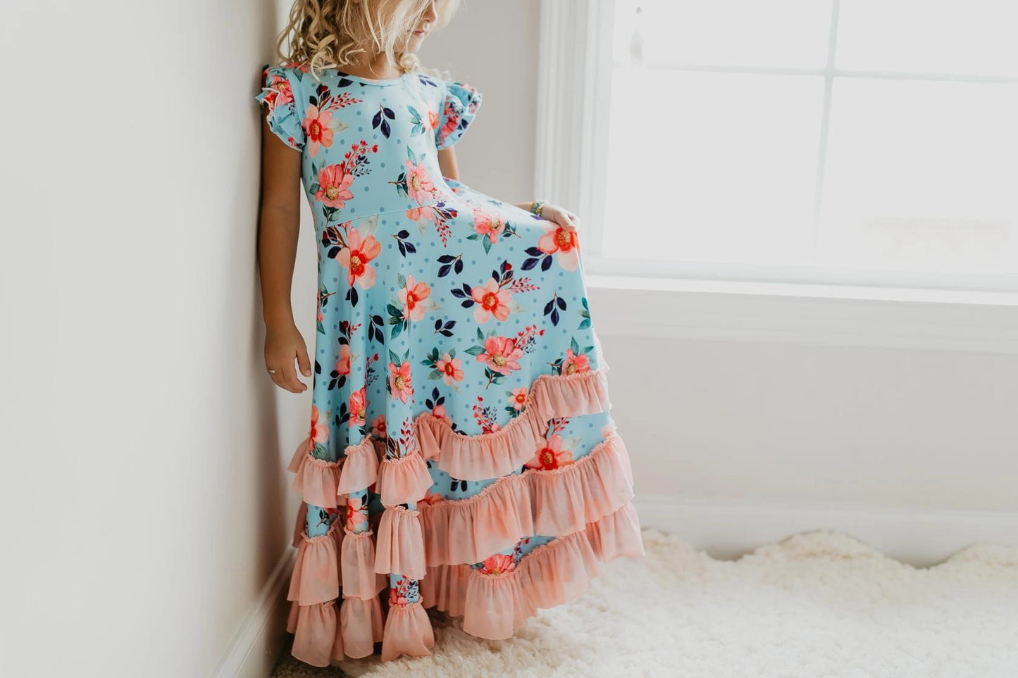 Blue Floral  Ruffles Dress