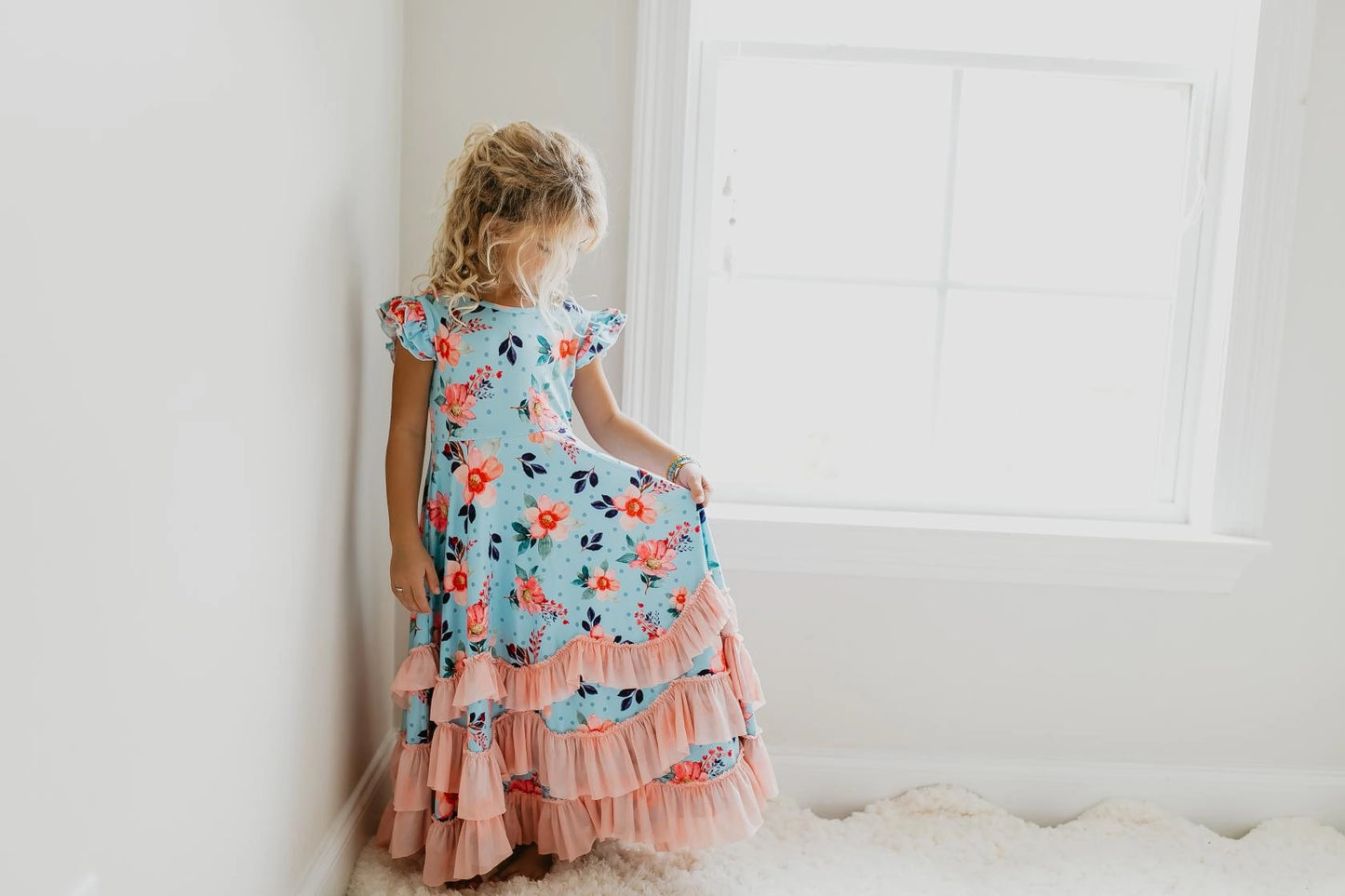 Blue Floral  Ruffles Dress