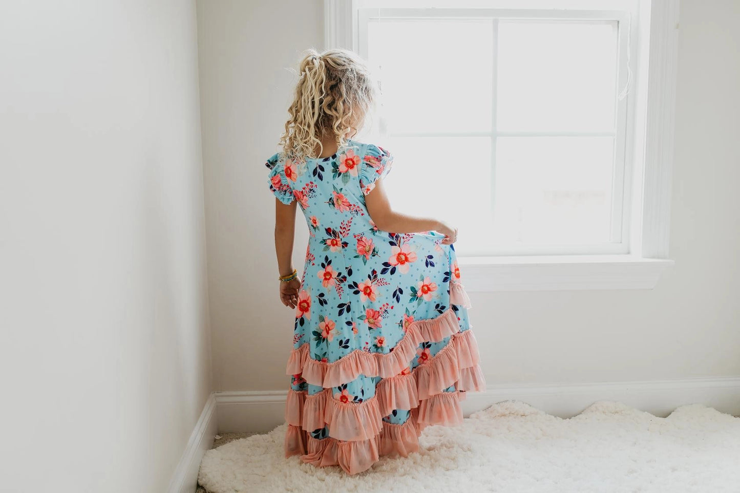 Blue Floral  Ruffles Dress