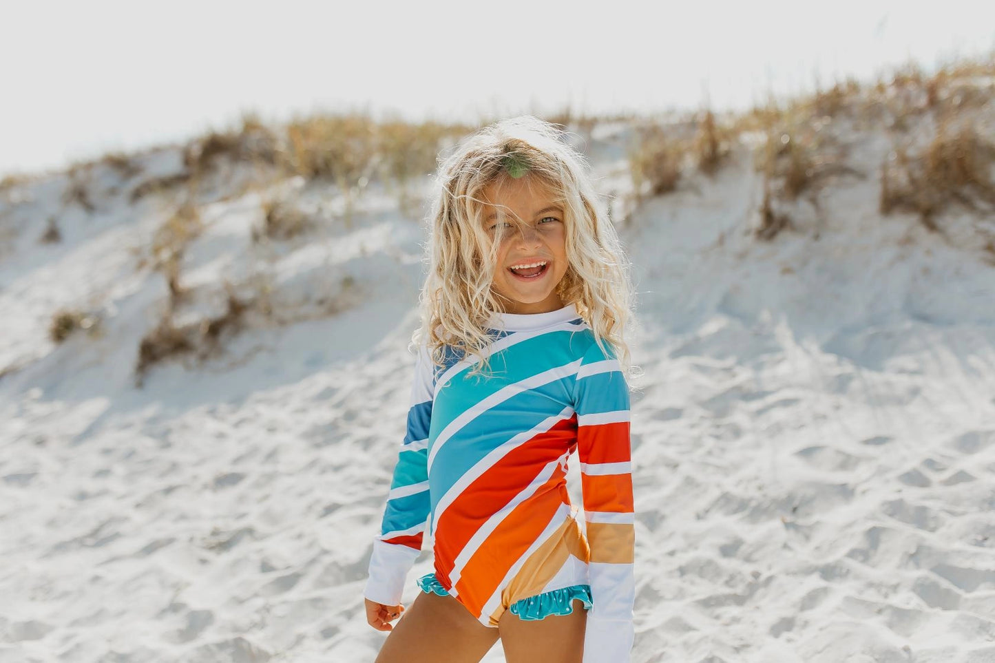 Blue Stripe Rainbow Zip Rash Guard One Piece Swimsuit