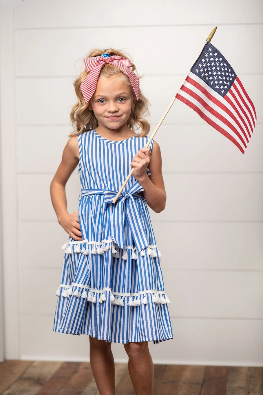 Blue Stripe Tiered Tassel Dress