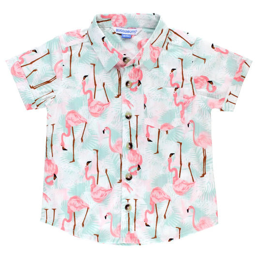 Boys Vibrant Flamingo Short Sleeve Button Down Shirt