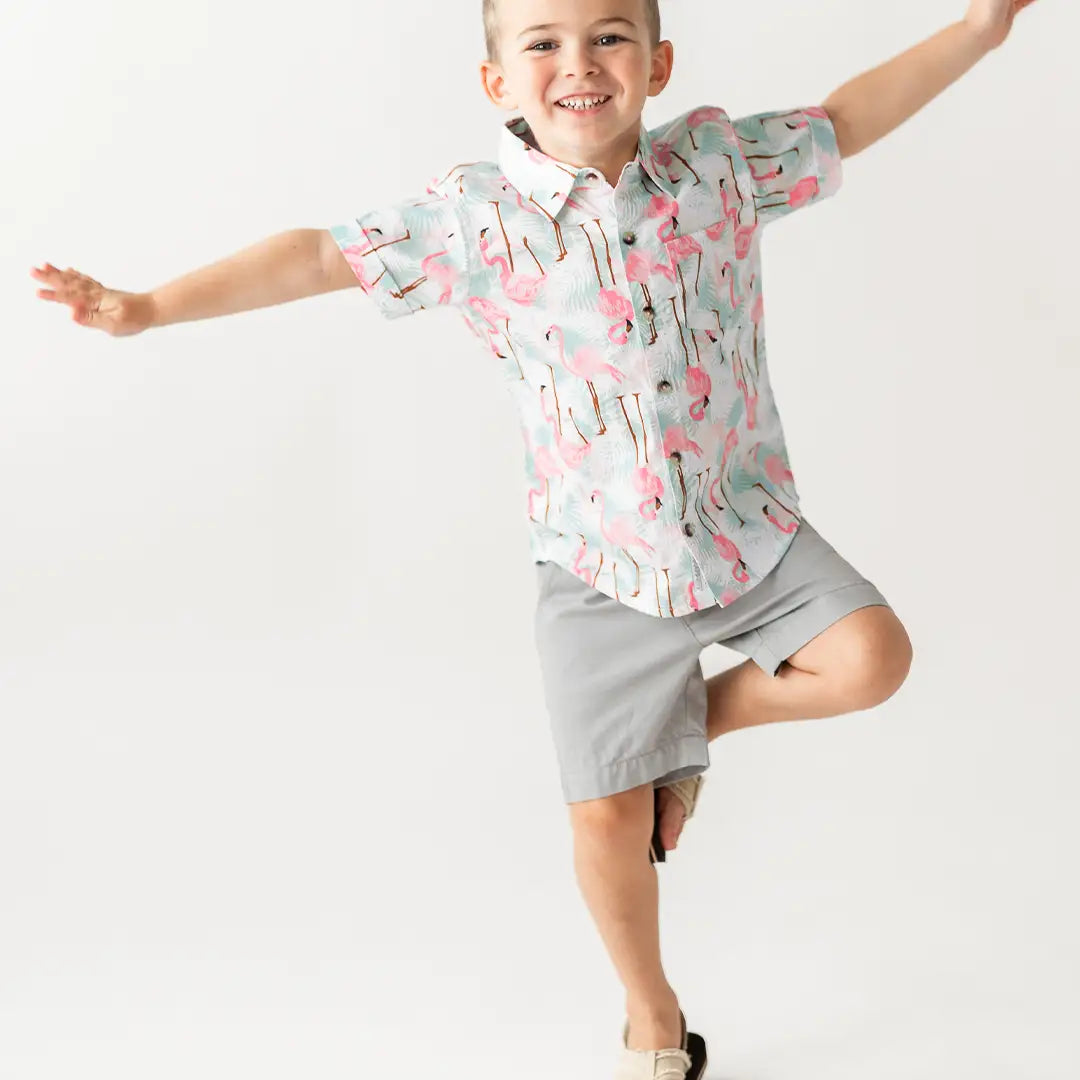 Boys Vibrant Flamingo Short Sleeve Button Down Shirt