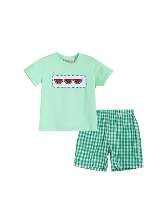 Green Watermelon Smocked T-Shirt and Gingham Shorts 2pc. Set