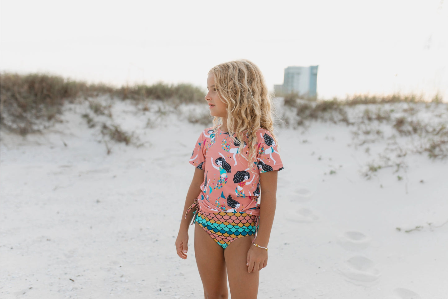 Kids Coral Mermaid Rash Guard Ruffle Swimsuit