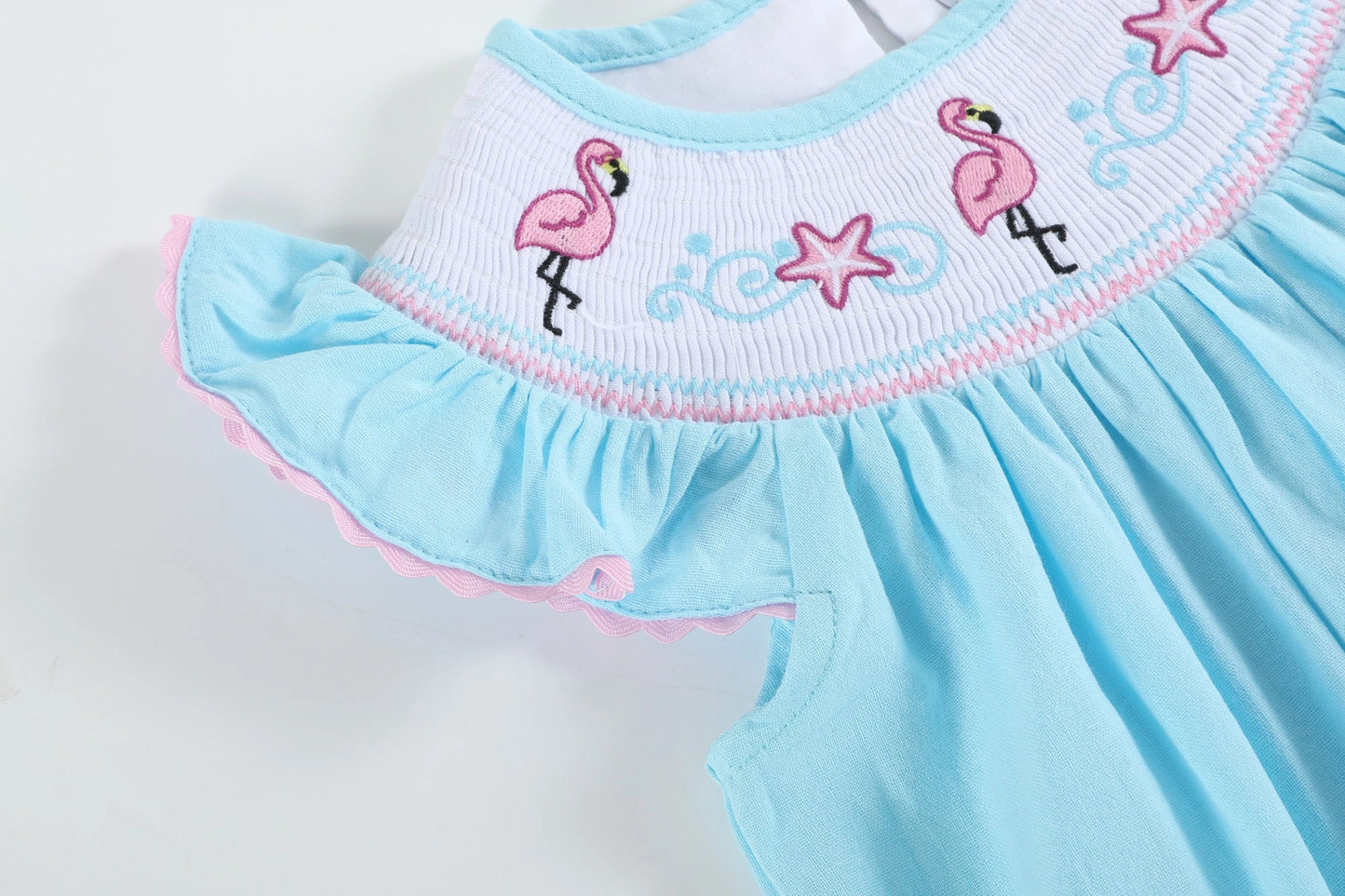 Light Blue Flamingo Smocked Flutter Romper