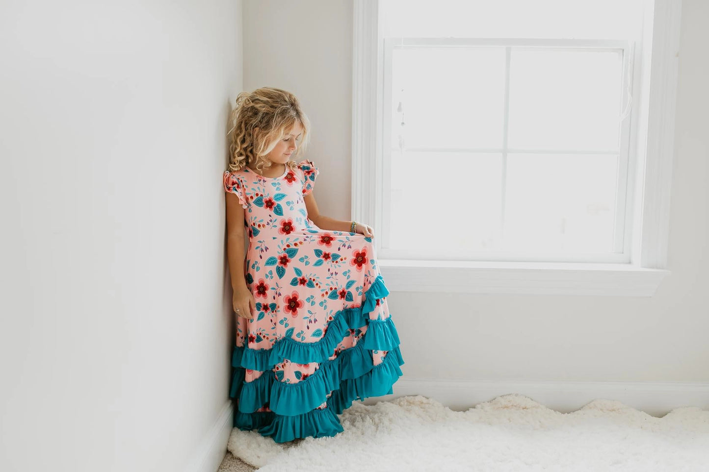 Light Peach Floral Flutter Sleeve Ruffles Spring Dress