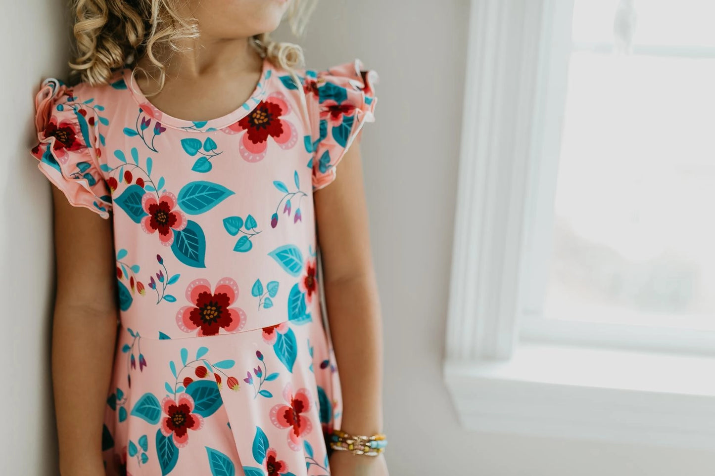 Light Peach Floral Flutter Sleeve Ruffles Spring Dress