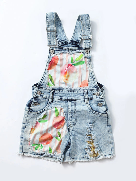 Peach Print Denim Short Overalls