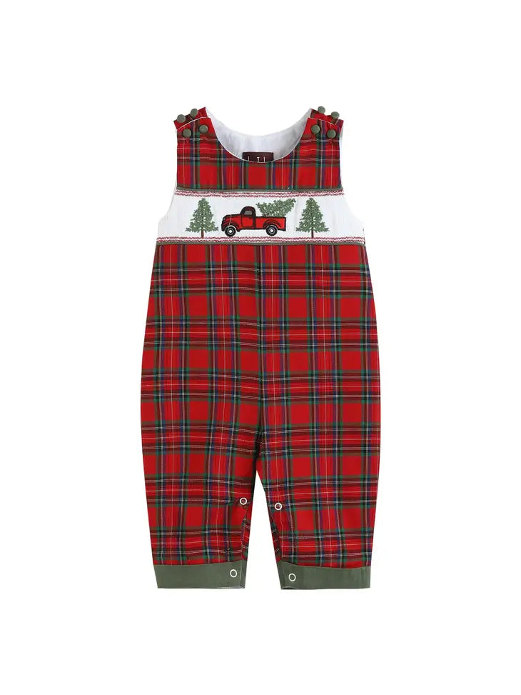 Christmas Red Plaid Truck and Tree Smocked Overalls