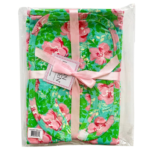 Pink Floral Blanket & Bib Girls Baby Shower Gift