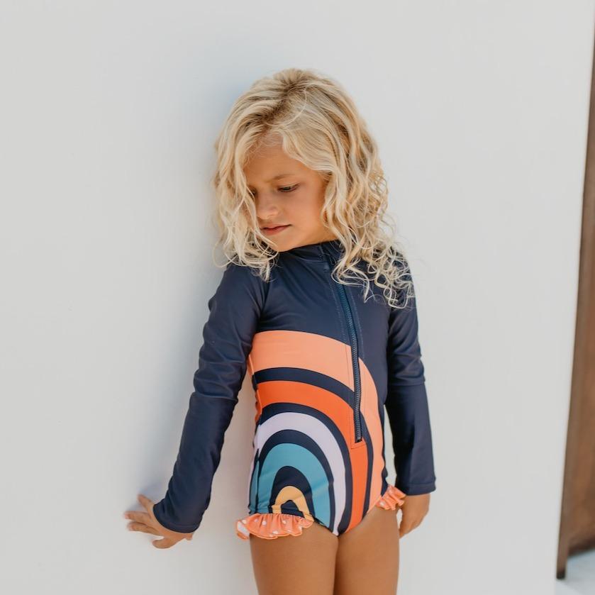 Rainbow Navy Zip Rash Guard One Piece