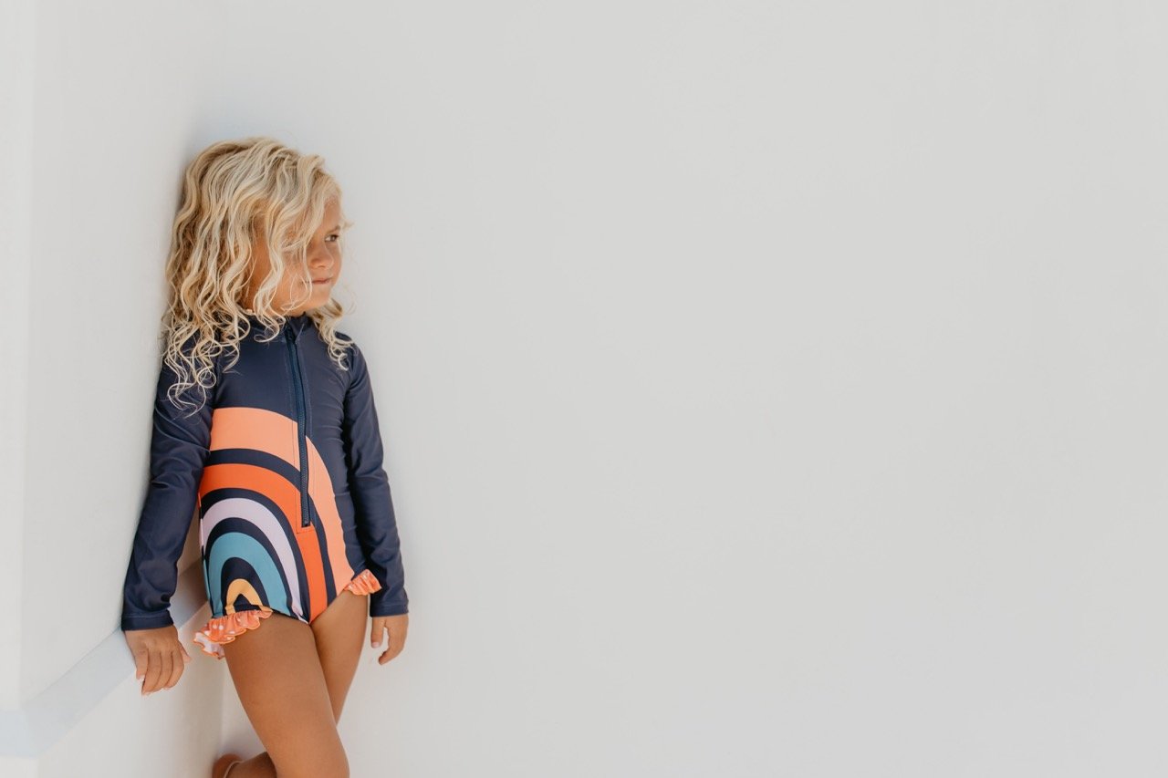 Rainbow Navy Zip Rash Guard One Piece