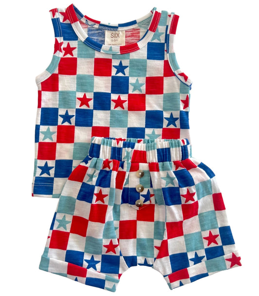 Red, White & Blue Checkerboard / Organic Tank & Short Set