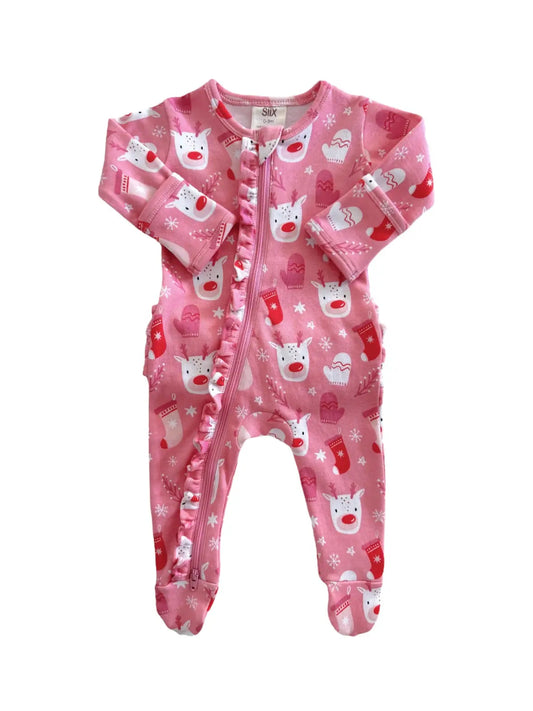 Reindeer Pink / Organic Frill Zip Footie