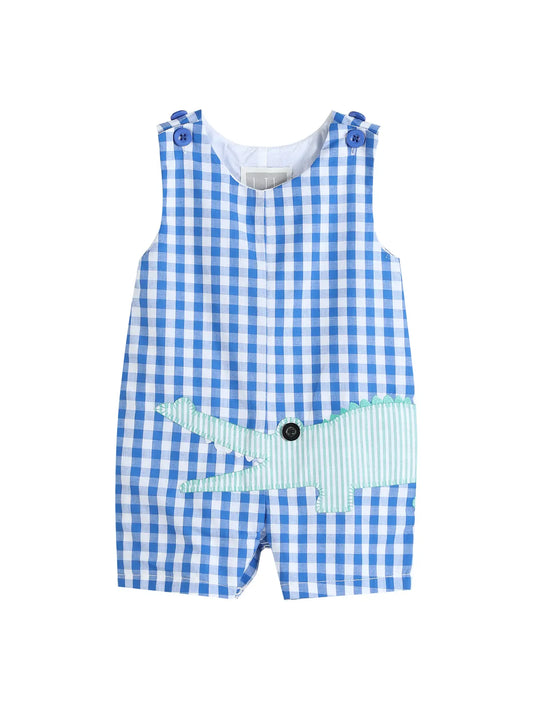 Lil Cactus Royal Blue Gingham Alligator Applique Shortalls