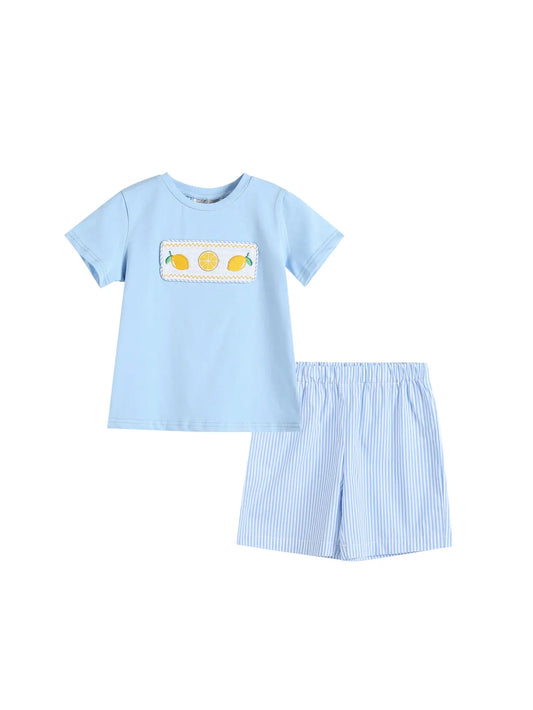 Lil Cactus White Lemon Smocked Tee and Blue Striped Shorts