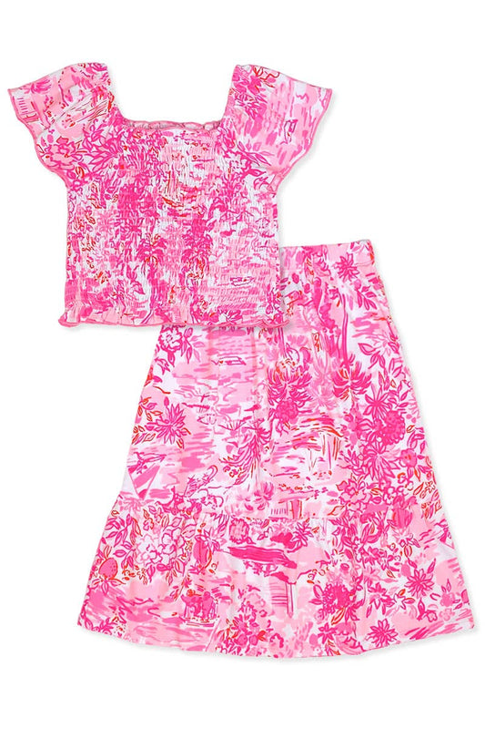GKSS-3171B-Q74 Girl's 2 pcs Maxi Skirt Set w/ Smocking Top: Pink Coral Reef / M8/10
