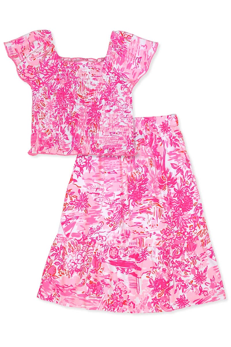 GKSS-3171B-Q74 Girl's 2 pcs Maxi Skirt Set w/ Smocking Top: Pink Coral Reef / L12/14