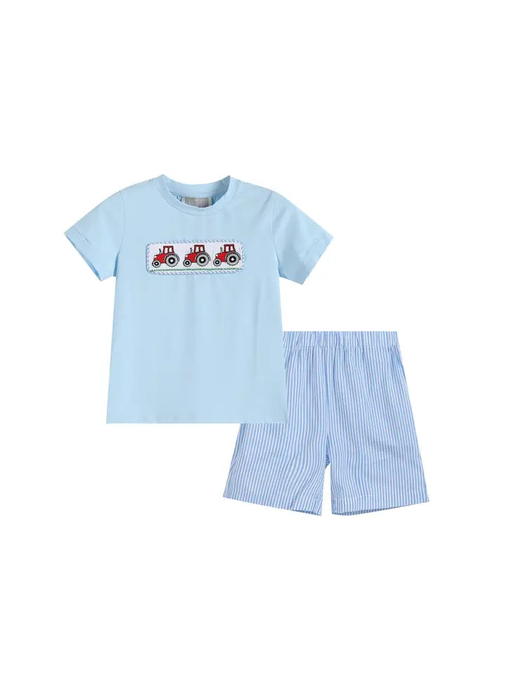 Blue Tractor Smocked Tee and blue sriped sh