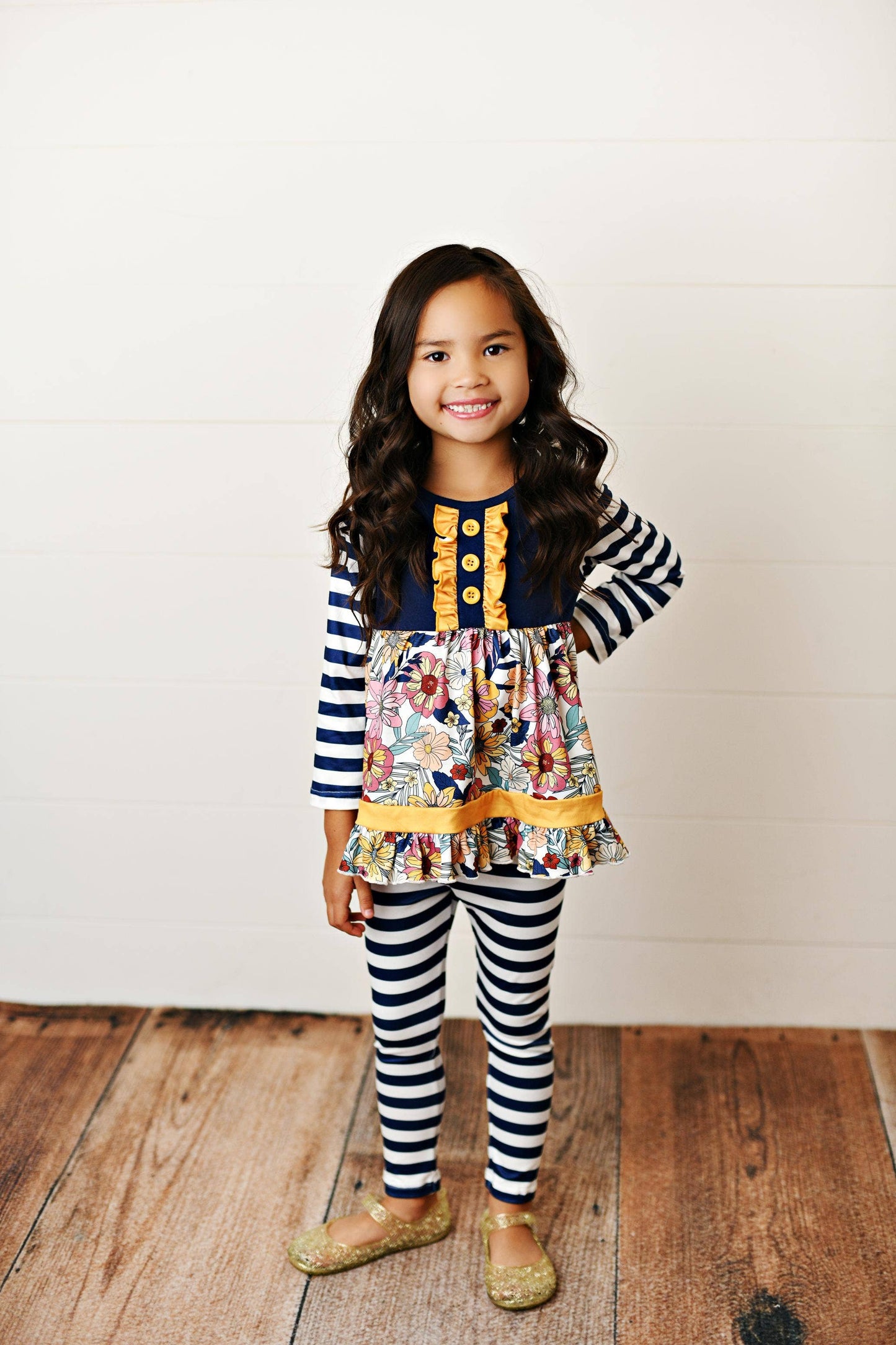 Kids Navy & Mustard Vintage Floral Fall Ruffle Button Set