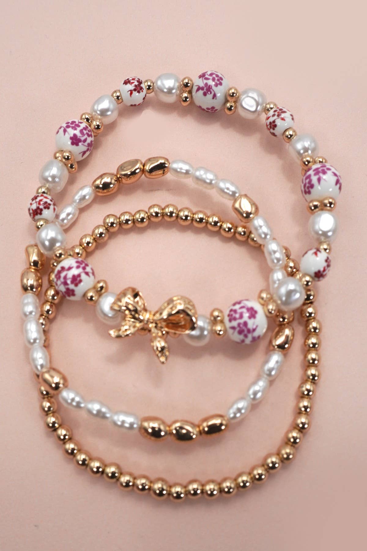 PINK CERAMIC PORCELAIN BOW MULTI LAYER BRACELET | 80B1340: Gold