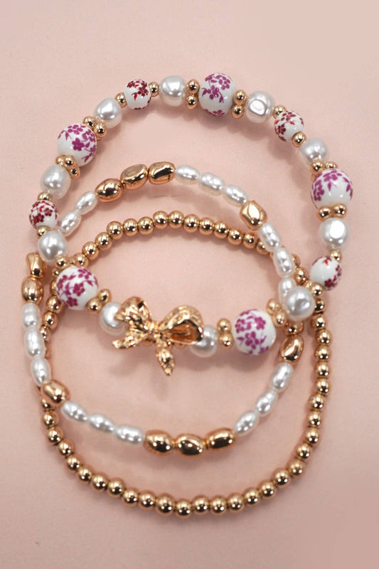 PINK CERAMIC PORCELAIN BOW MULTI LAYER BRACELET | 80B1340: Gold