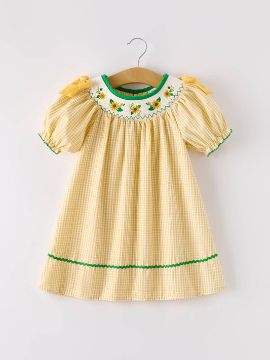 Yellow Plaid Floral Smocking Embroidered Dress: 7