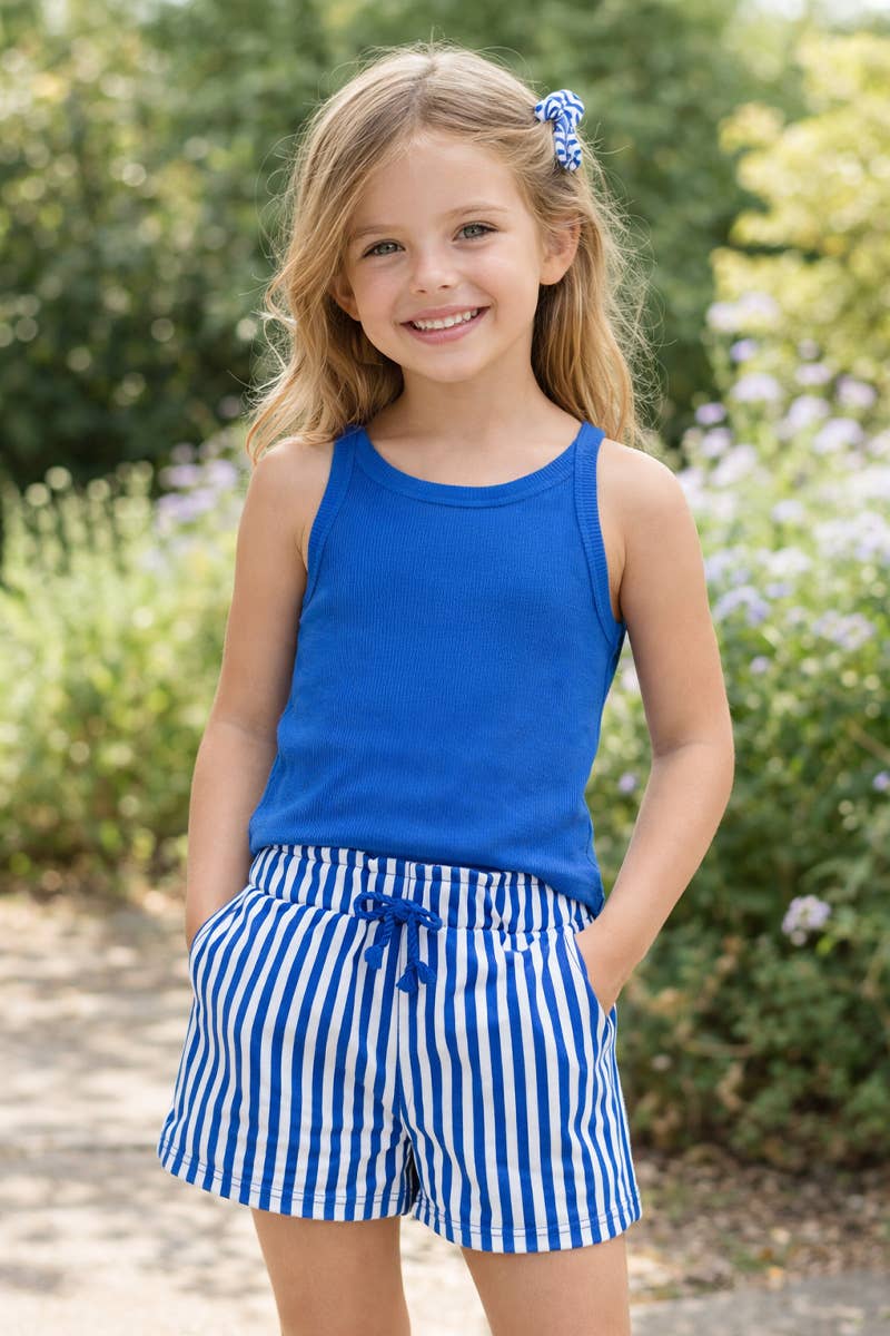 GKSS-Y26-38185 Girl's Stipe Short Set w/ Matching Scrunchie: Blue / 5
