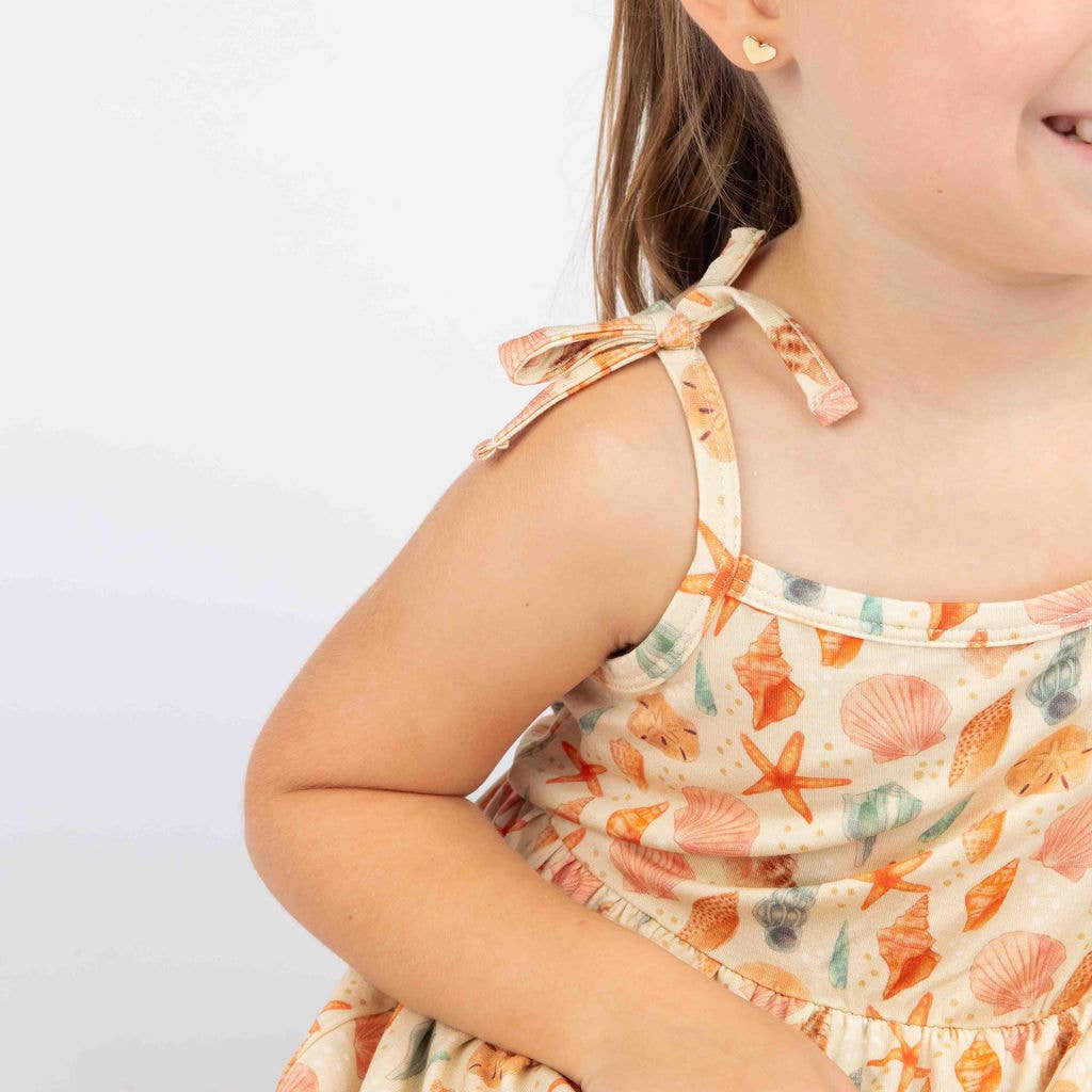 Sandy Seashells Beachy Kids Bamboo Sundress: Beige/Multi / 8/9K