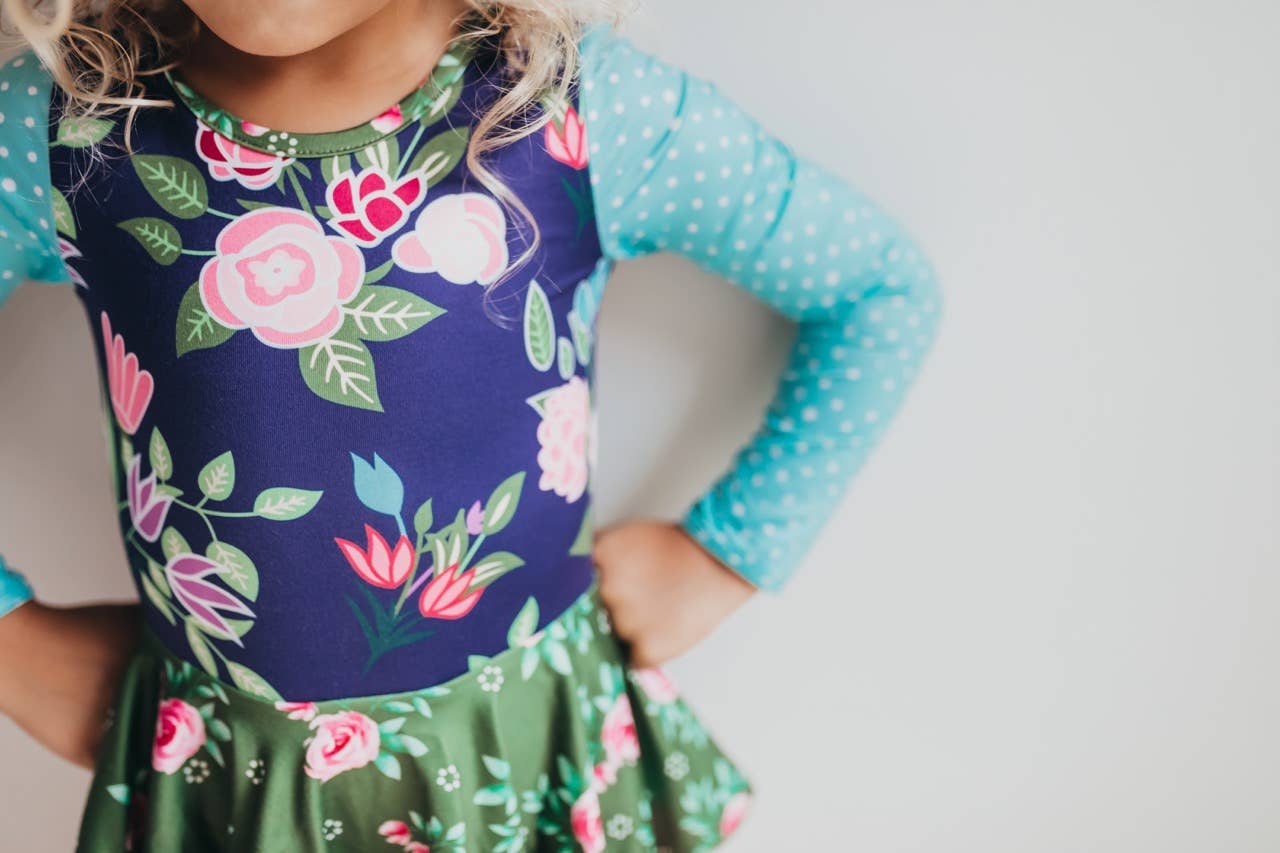 Shiny Flare Skirt Blue Green Floral Leotard