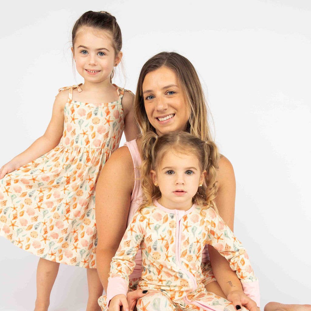 Sandy Seashells Beachy Kids Bamboo Sundress: Beige/Multi / 8/9K