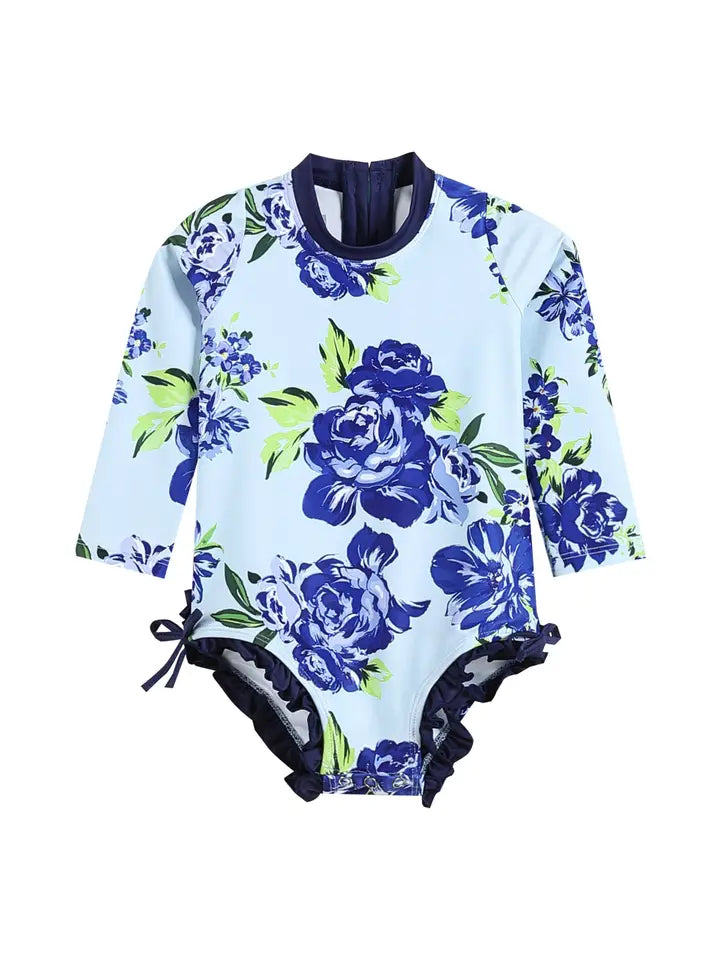 Blue Rose Long Sleeve Ruffle Swimsuit