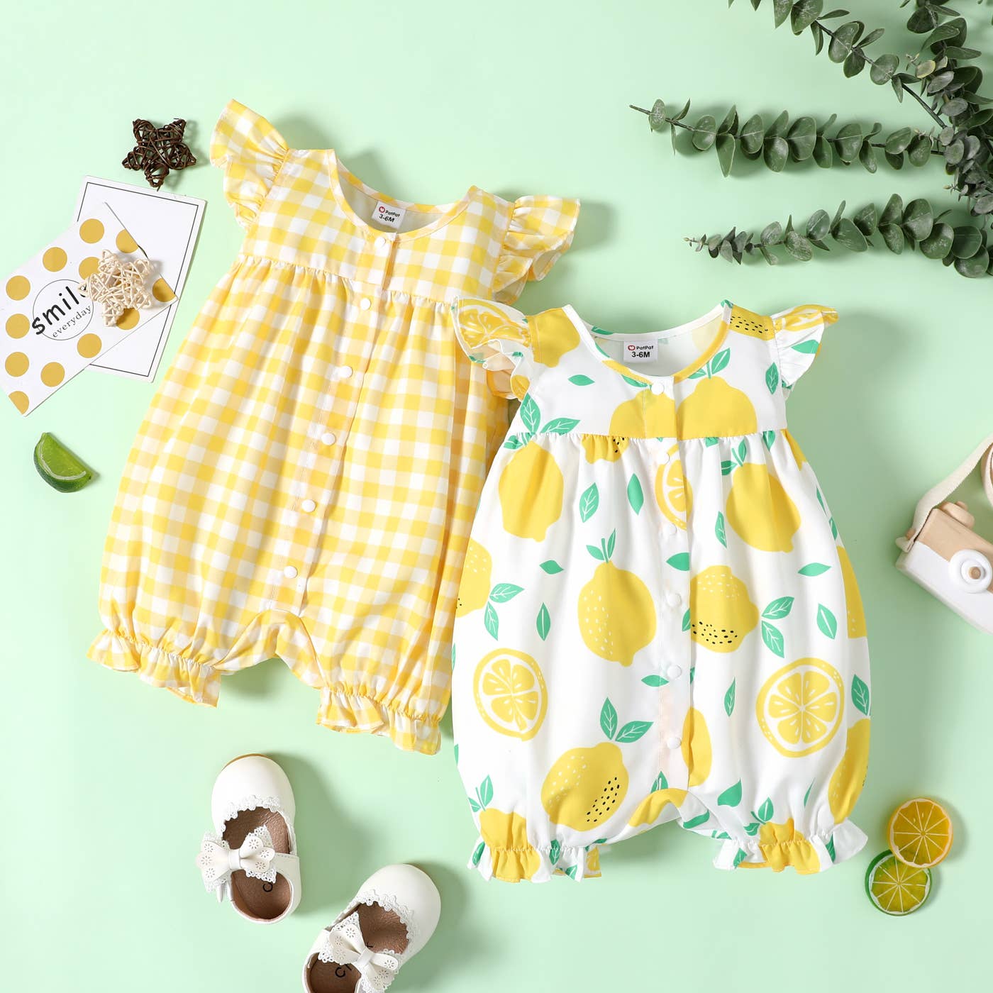 Baby Girl Gingham or Allover LemonFlutter-sleeve Romper