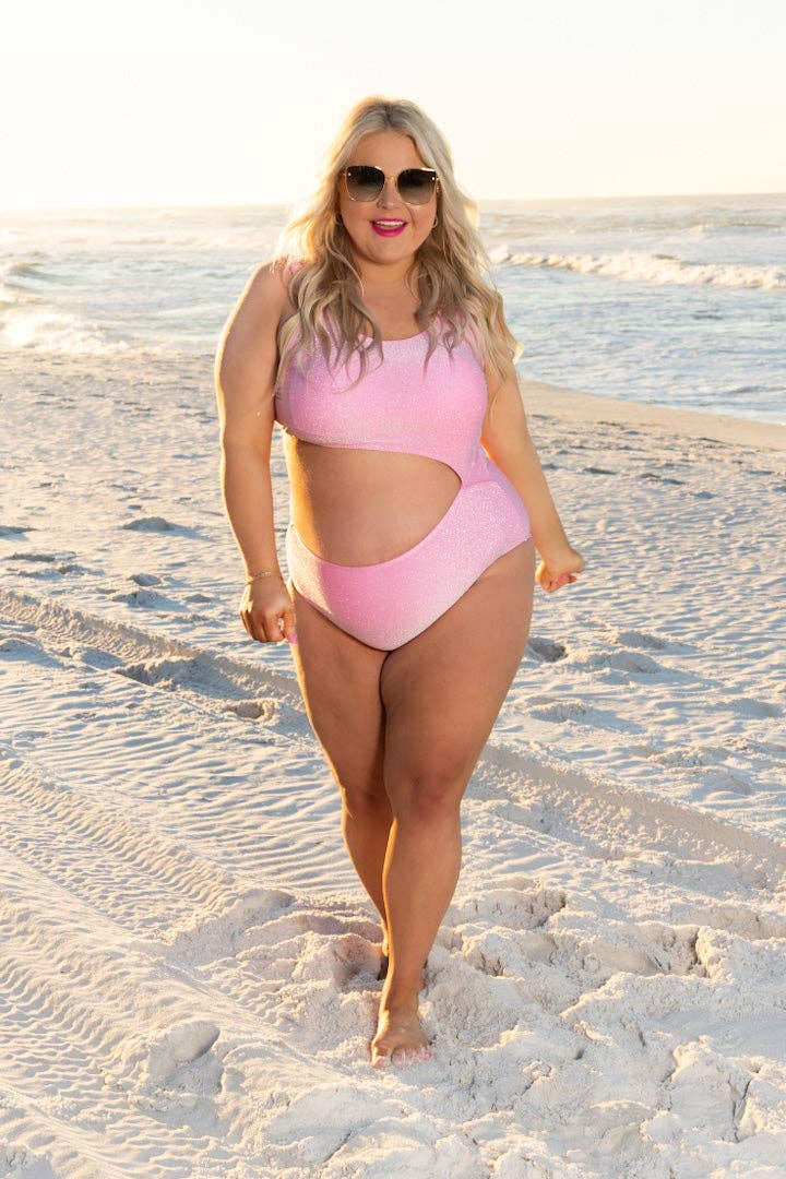 Pink Shimmer Side Cut One Piece Swimwear: Pink / X-Large