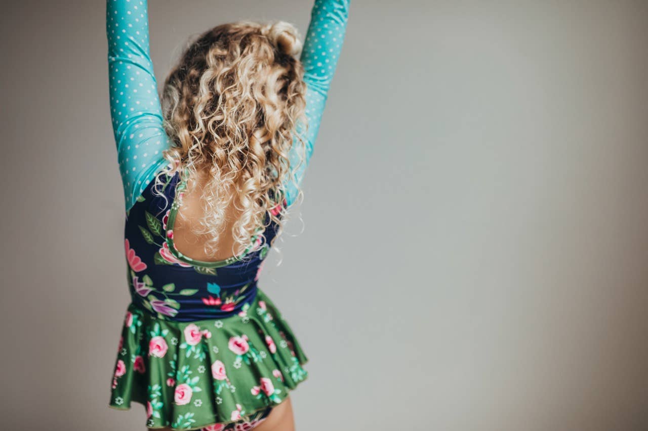 Shiny Flare Skirt Blue Green Floral Leotard