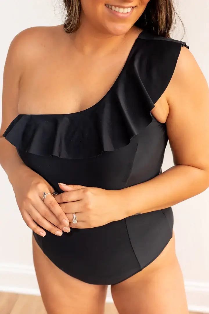 The Sophia Black One Shoulder One Piece with Ruffle: Black / Small