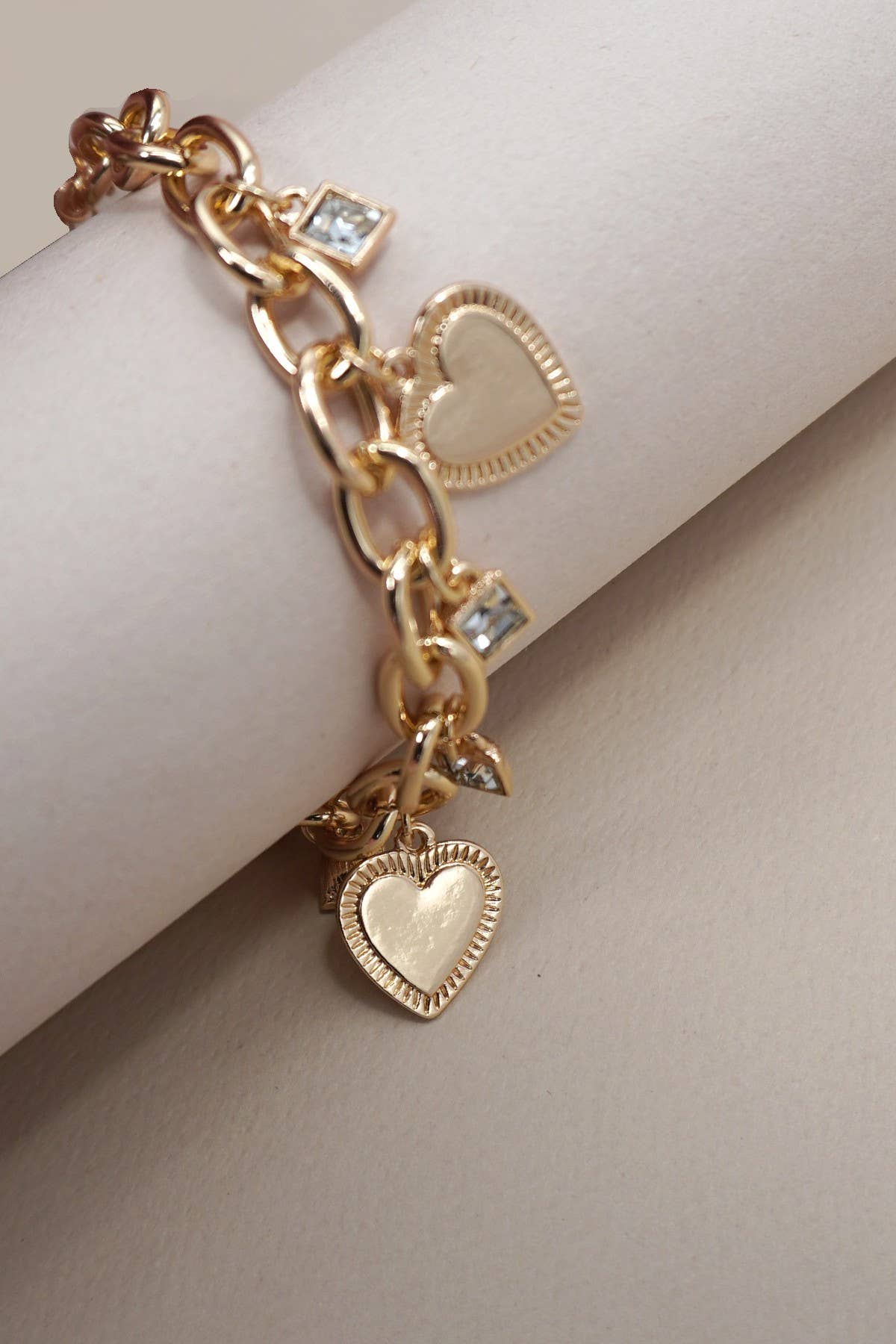 CHARM BRACELET-HEART RHINESTONE CHARMS | 80B1283: Gold