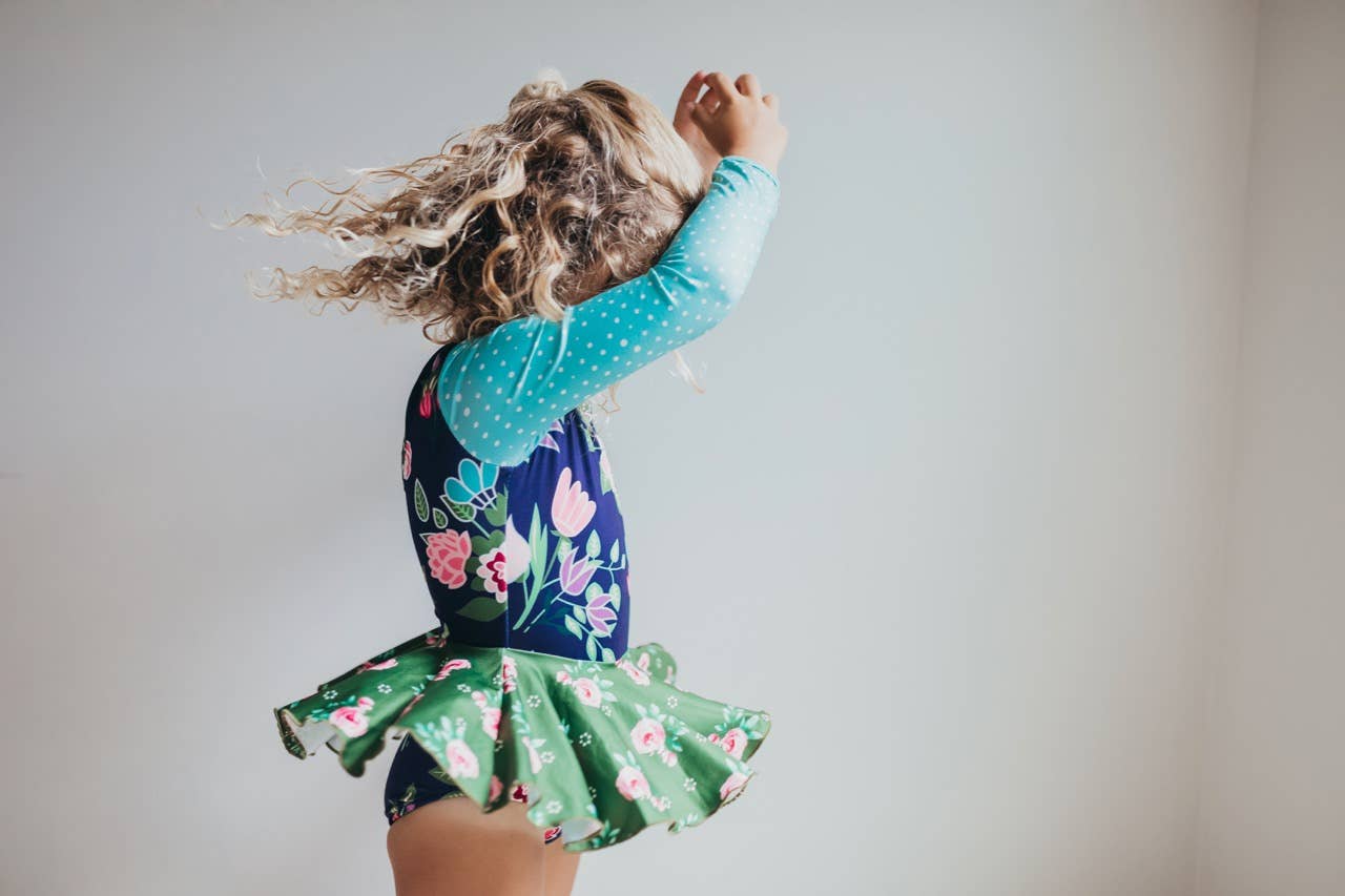 Shiny Flare Skirt Blue Green Floral Leotard