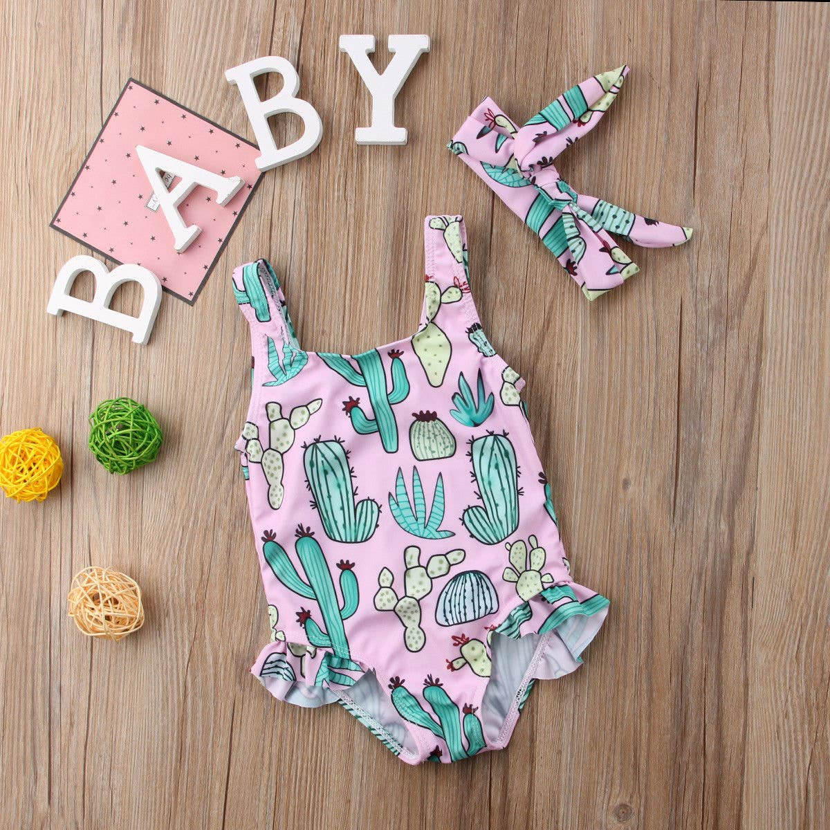 Cactus One-Piece Baby Girl Swimsuit & Headband: 6-12 Months