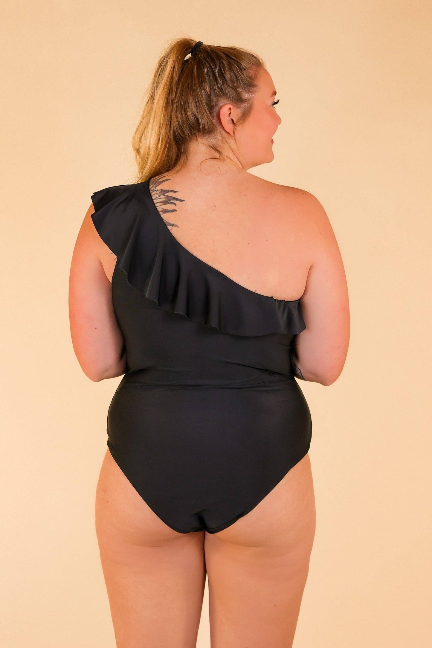 The Sophia Black One Shoulder One Piece with Ruffle: Black / Small