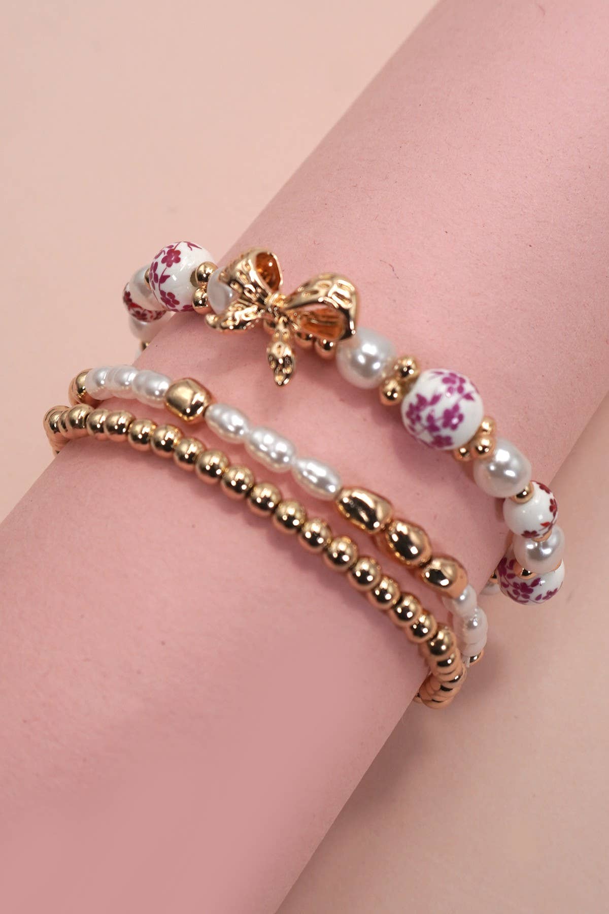 PINK CERAMIC PORCELAIN BOW MULTI LAYER BRACELET | 80B1340: Gold